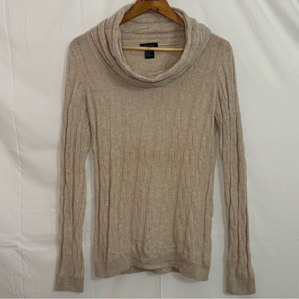 Forte Cashmere Light Beige/Cream Cashmere Cowl Neck Cable Knit Sweater in Size M